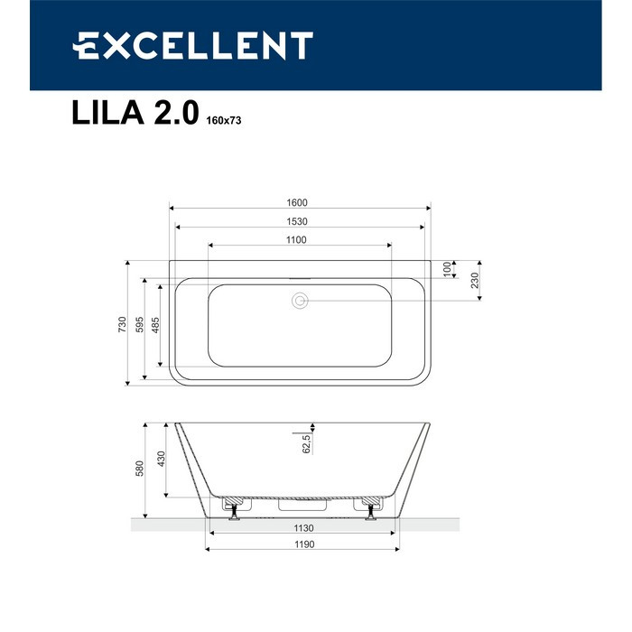 Акриловая ванна отдельностоящая белая 160x73x58см Excellent WAEX.LIL2.160.WHP