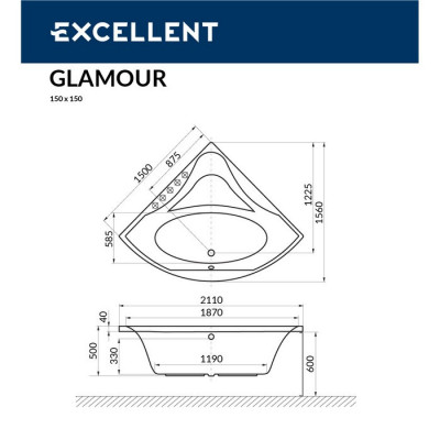 Акриловая ванна угловая белая 150x150x60см Excellent WAEX.GLA15WH