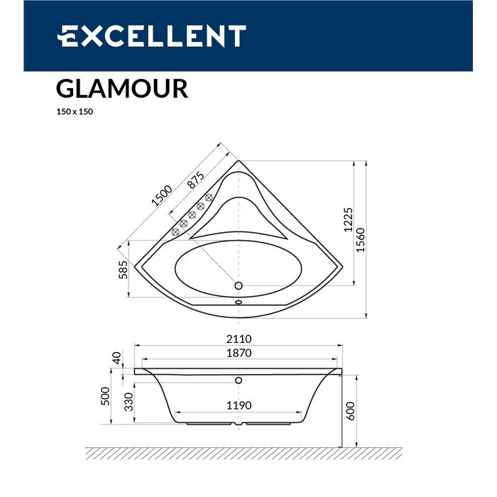 Акриловая ванна угловая белая 150x150x60см Excellent WAEX.GLA15WH