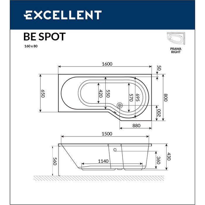 Акриловая ванна угловая левая белая 160x80x56см Excellent WAEX.BSP16WH