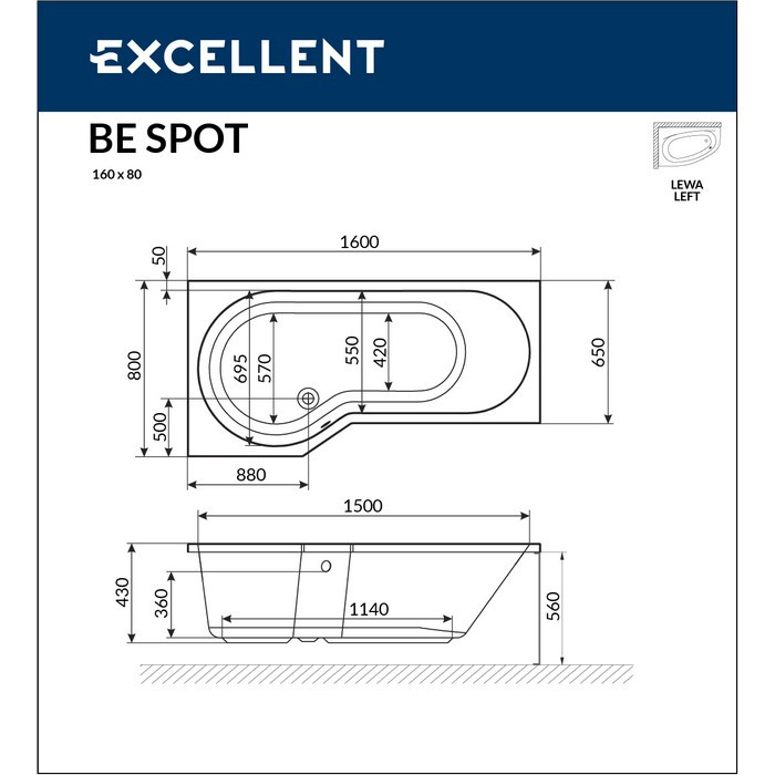 Акриловая ванна угловая левая белая 160x80x56см Excellent WAEX.BSL16WH