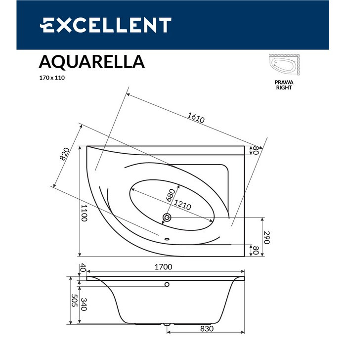 Акриловая ванна угловая правая белая 170x110x51см Excellent WAEX.ARP17WH