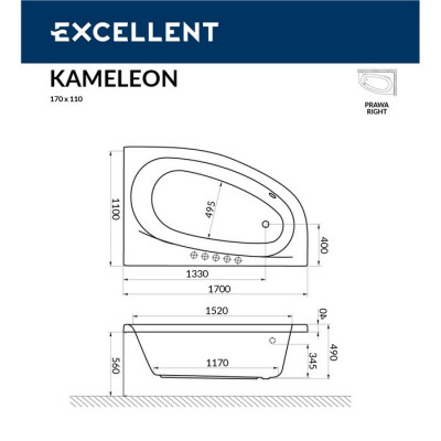 Акриловая ванна угловая правая белая 170x110x56см Excellent WAEX.KMP17WH
