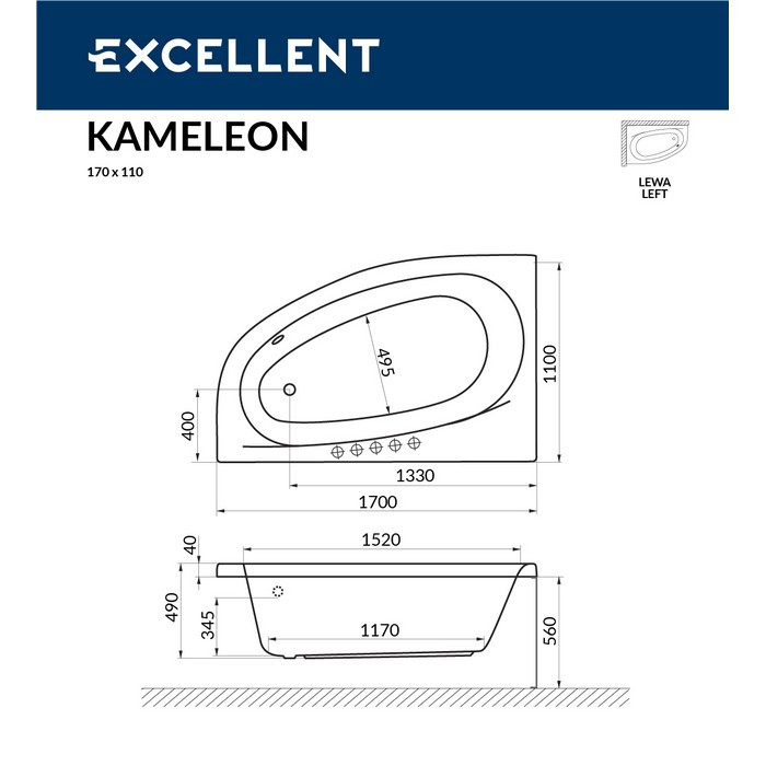 Акриловая ванна угловая левая белая 170x110x56см Excellent WAEX.KML17WH