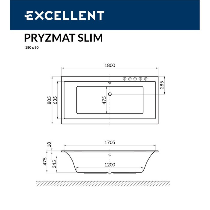 Акриловая ванна отдельностоящая белая 180x80x48см Excellent WAEX.PRY18WHS