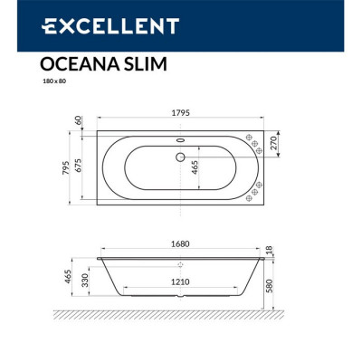 Акриловая ванна отдельностоящая белая 180x80x58см Excellent WAEX.OCE18WHS