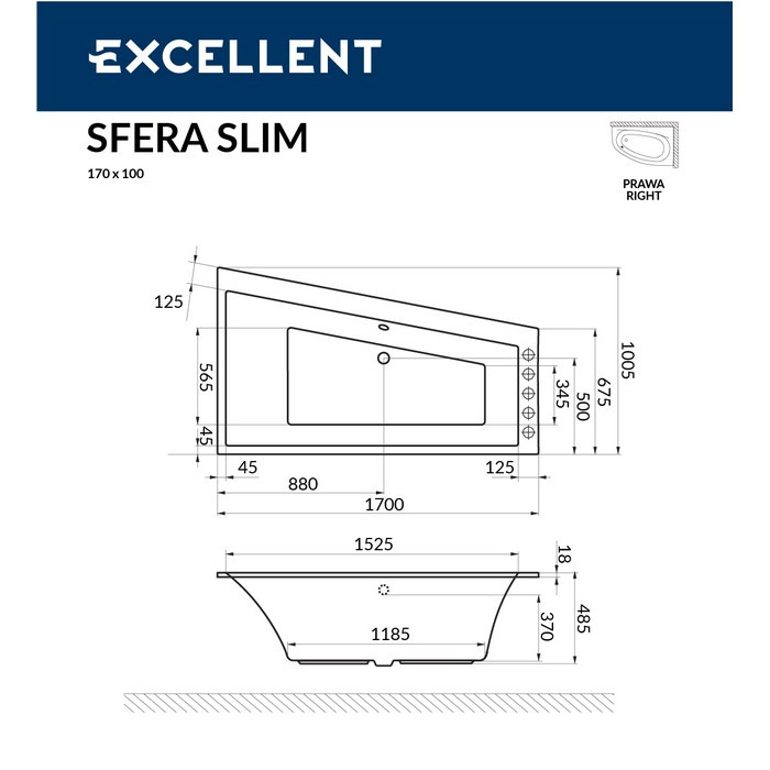 Акриловая ванна угловая правая белая 170x100x49см Excellent WAEX.SFP17WHS