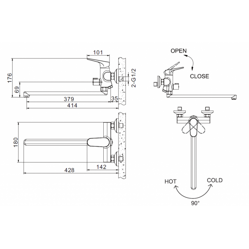 Смеситель для ванны хром Bravat F6191238CP-01L-RUS