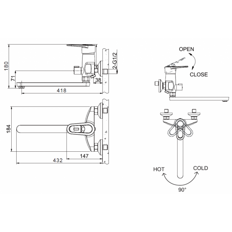 Смеситель для ванны хром Bravat F6124182CP-02L-RUS