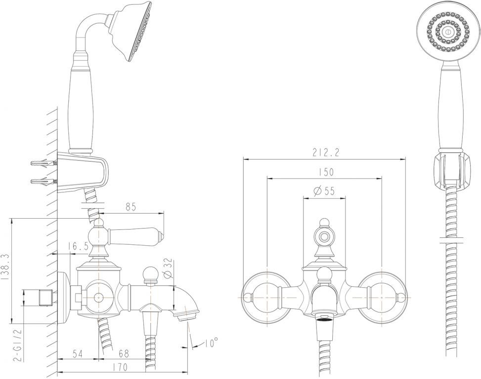 Смеситель для ванны с ручным душем золото Bravat F675109G-B