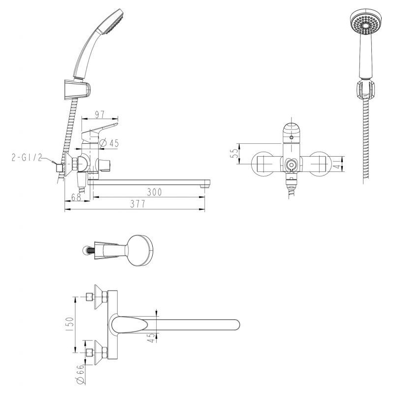 Смеситель для ванны с ручным душем хром Bravat F64898C-LB