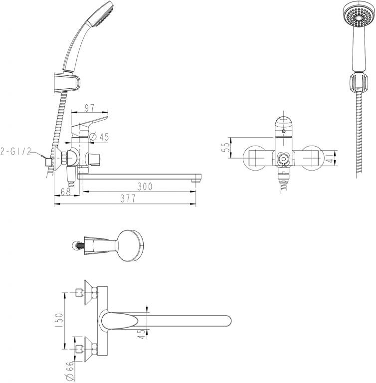 Смеситель для ванны с ручным душем хром Bravat F64898C-LB
