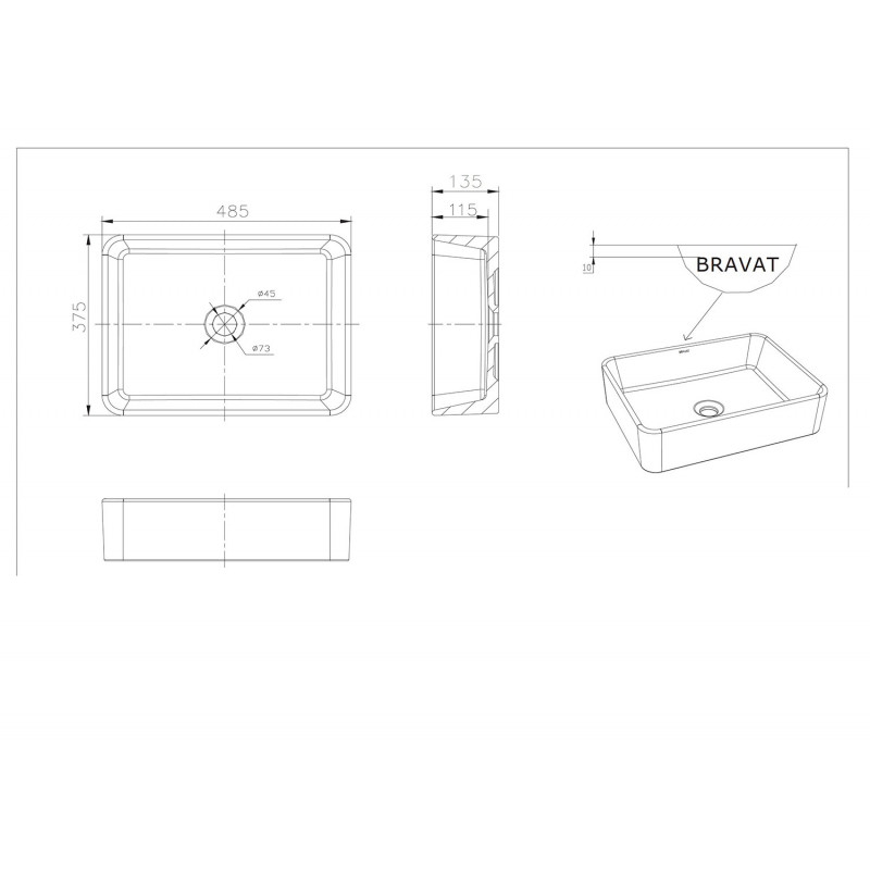 Накладная раковина белая 48.5х37.5х11.5см Bravat C22328W-ENG