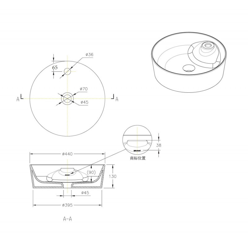 Накладная раковина белая 44х13.5см Bravat C22239W-1-ENG