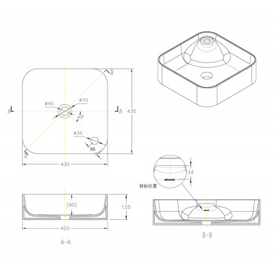 Накладная раковина белая 43x43х12.5см Bravat C22238W-1-ENG