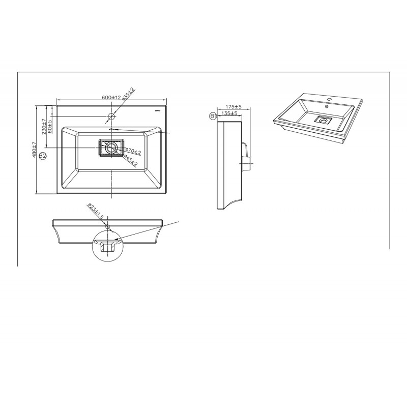 Накладная раковина белая 60х48х13.5см Bravat C22192W-1-ENG