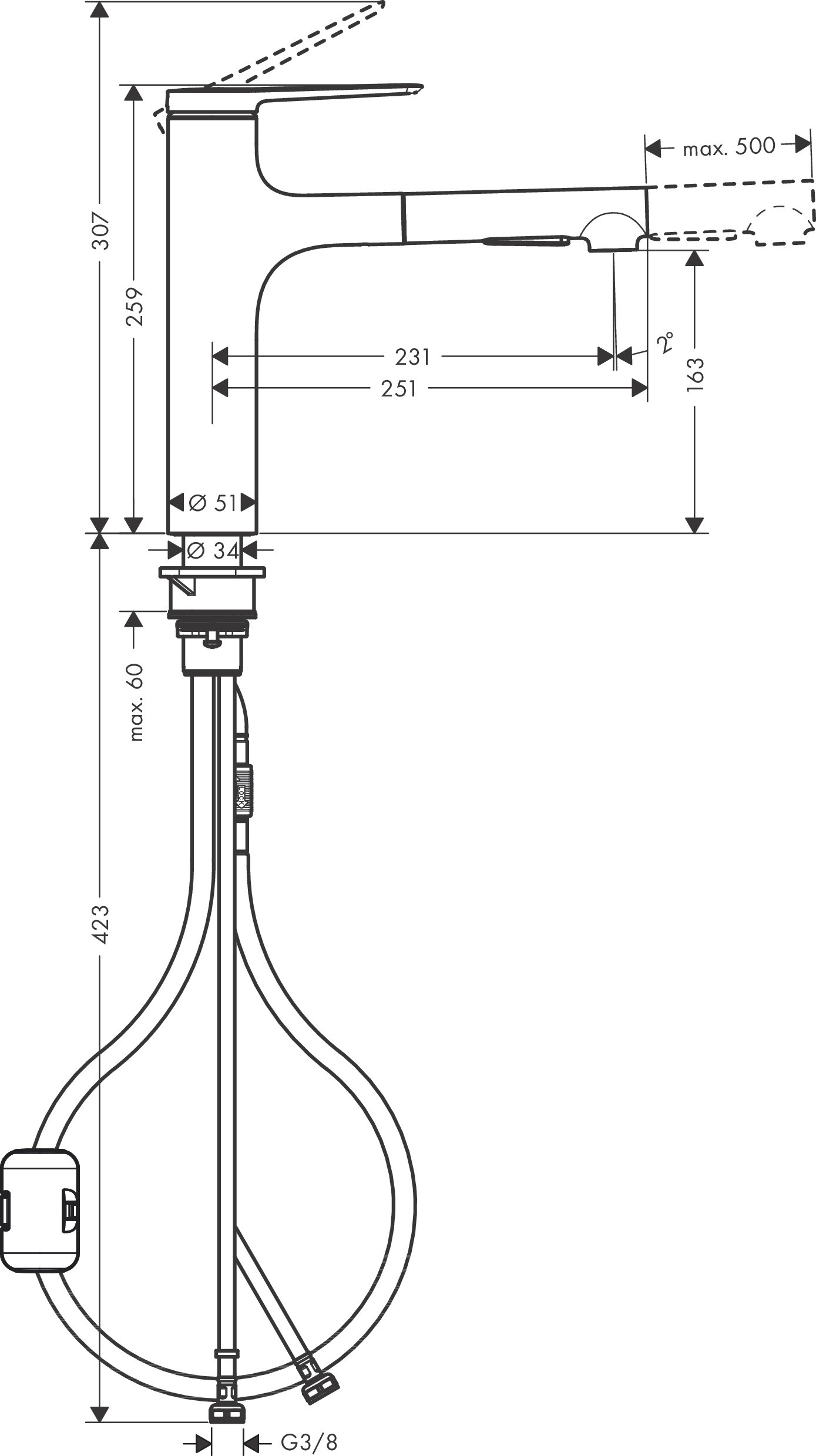 Кухонный смеситель hansgrohe Zesis M33 однорычажный, 160 с вытяжным душем, 2jet, матовый черный 74801670