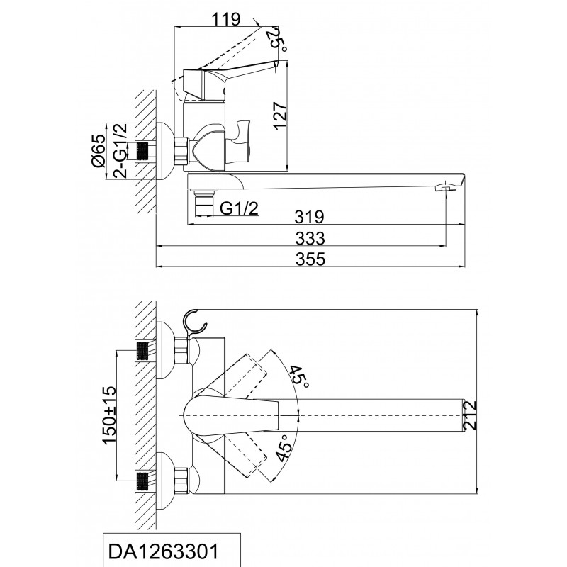 Смеситель для ванны с ручным душем хром D&K Rhein DA1263301