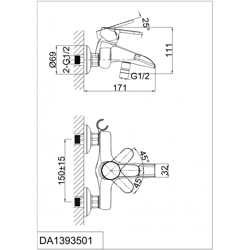 Смеситель для ванны с ручным душем хром D&K Rhein DA1393501
