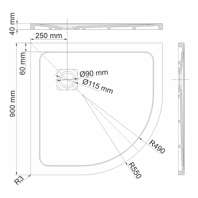 Душевой поддон из искусственного камня черный 90х90см WasserKraft 19T01