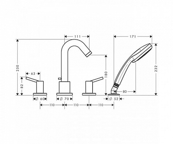Смеситель на борт ванны 4 отверстия, Talis S, Hansgrohe 32314000