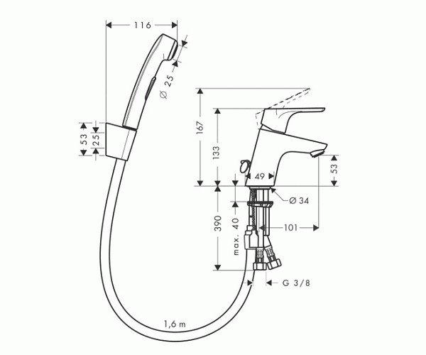 Смеситель для умывальника с гигиенической лейкой, Focus, Hansgrohe 31926000