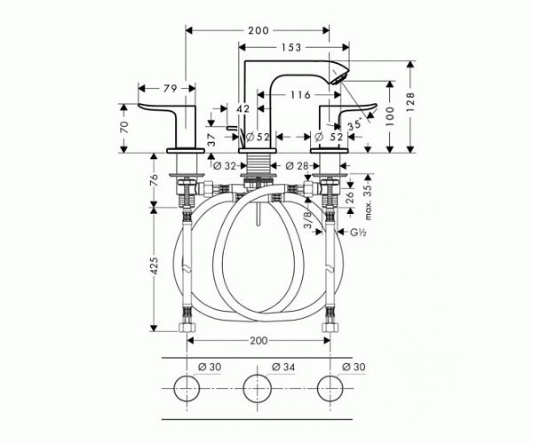 Смеситель для умывальника на 3 отверстия, Metris Comfort Zone 100, Hansgrohe 31083000