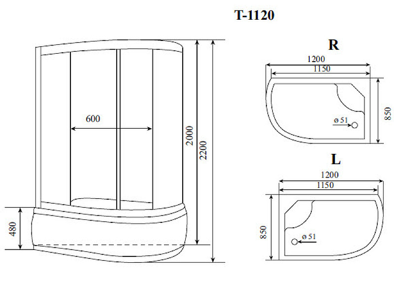 Душевая кабина правая 120х85х220см хром Timo T-1120 R