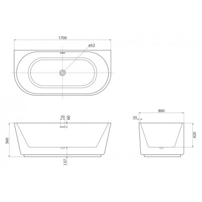 Ванна 170x80x56см пристенная акриловая Belbagno BB108-170-80 со сливом-переливом