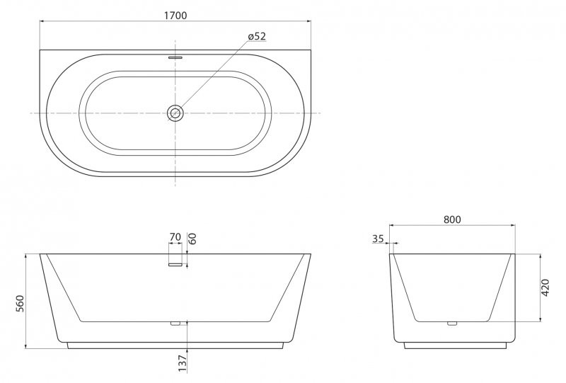 Ванна 170x80x56см пристенная акриловая Belbagno BB108-170-80 со сливом-переливом