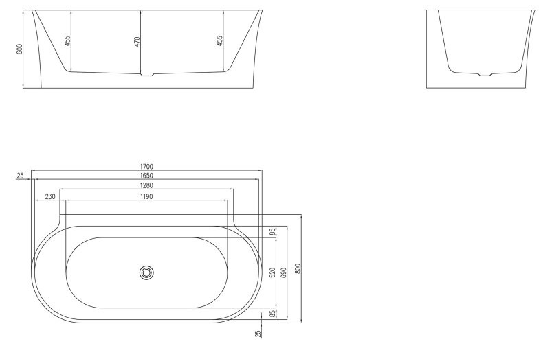 Ванна 170x80х60см Belbagno BB409-1700-800-W/NM пристенная акриловая, черный матовый