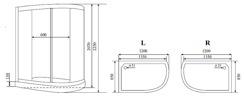 Душевая кабина левая 120х85х225см хром Timo T-7702 L