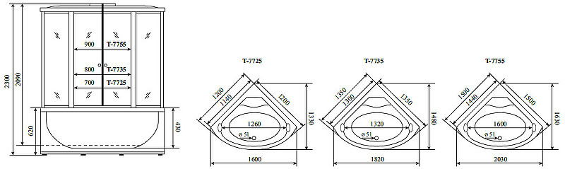 Душевая кабина 120х120х230см хром Timo T-7725