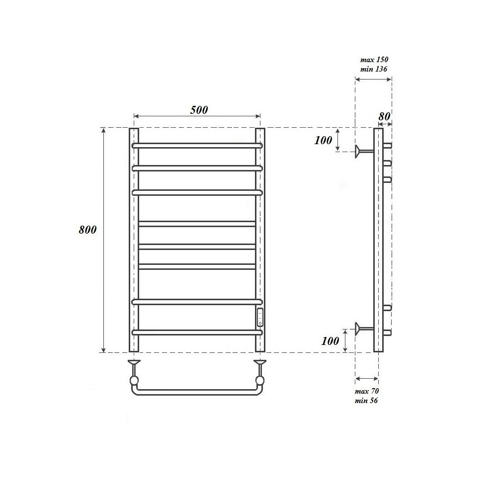 Полотенцесушитель электрический Point PN90858 П8 500x800 диммер справа, хром