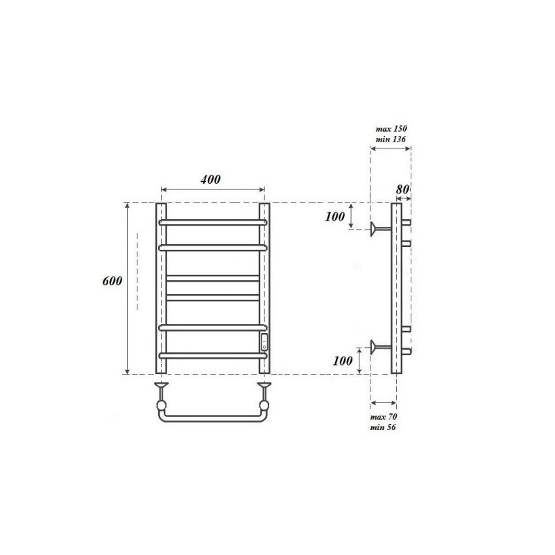 Полотенцесушитель электрический Point PN90846 П6 400x600 диммер справа, хром