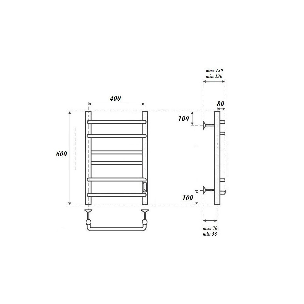 Полотенцесушитель электрический Point PN90846 П6 400x600 диммер справа, хром
