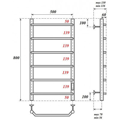Полотенцесушитель электрический Point PN06858 П6 500x800 диммер справа, хром
