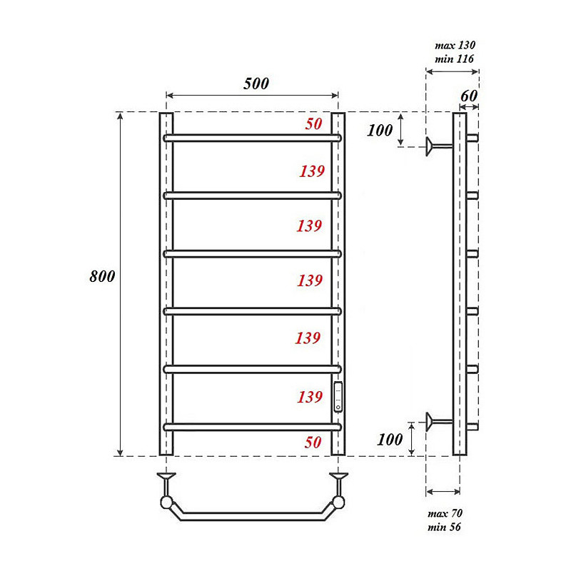 Полотенцесушитель электрический Point PN06858 П6 500x800 диммер справа, хром