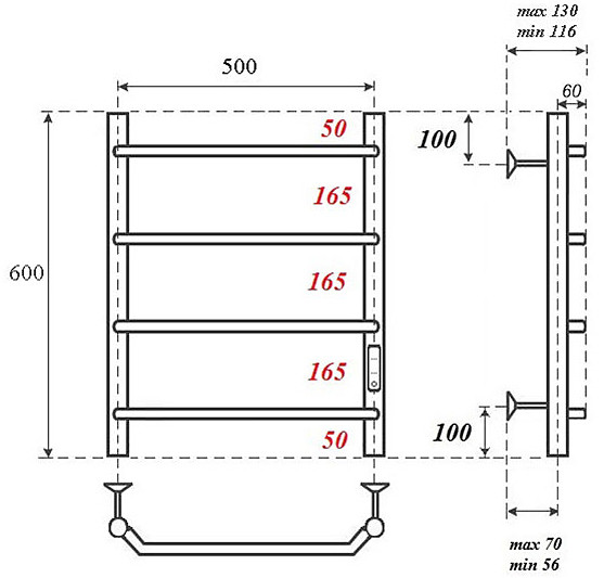 Полотенцесушитель электрический Point PN06856 П4 500x600 диммер справа, хром