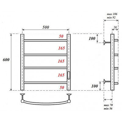 Полотенцесушитель электрический Point PN04856 П4 500x600 диммер справа, хром