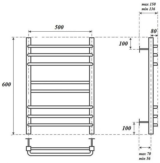 Полотенцесушитель электрический Point PN90156SE П8 500x600 левый/правый, хром