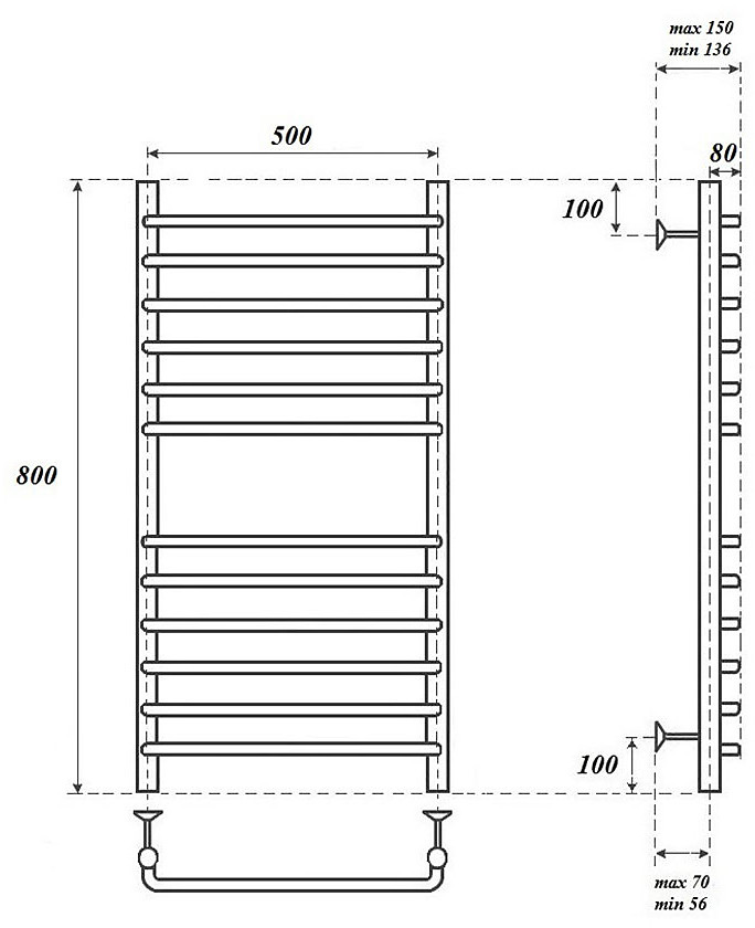 Полотенцесушитель электрический Point PN09158SE П12 500x800 левый/правый, хром