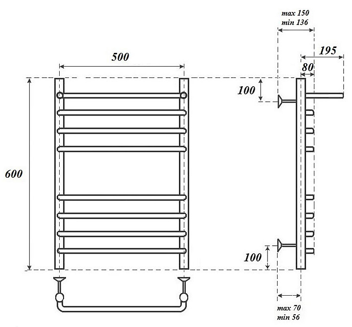 Полотенцесушитель электрический Point PN09156SPE П7 500x600 с полкой левый/правый, хром