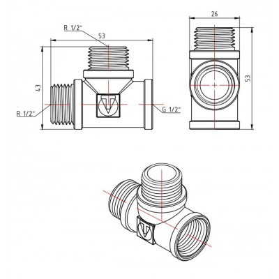 Тройник В-Н-Н 1/2" с двумя переходами на наружную резьбу Valtec VTr.133.N.0004