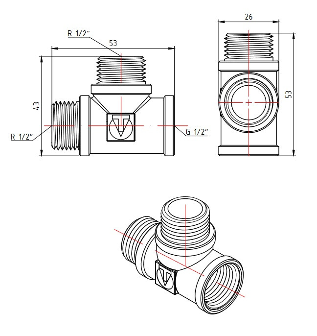 Тройник В-Н-Н 1/2" с двумя переходами на наружную резьбу Valtec VTr.133.N.0004