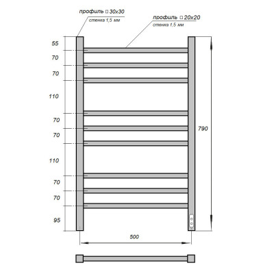 Полотенцесушитель электрический Point PN71858B П9 500x800, диммер справа, черный
