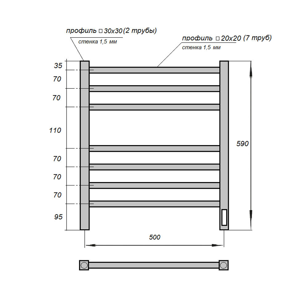 Полотенцесушитель электрический Point PN71856B П7 500x600, диммер справа, черный