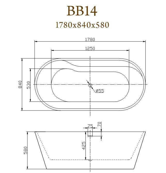 Ванна 178x84 свободностоящая акриловая, BB14, Belbagno