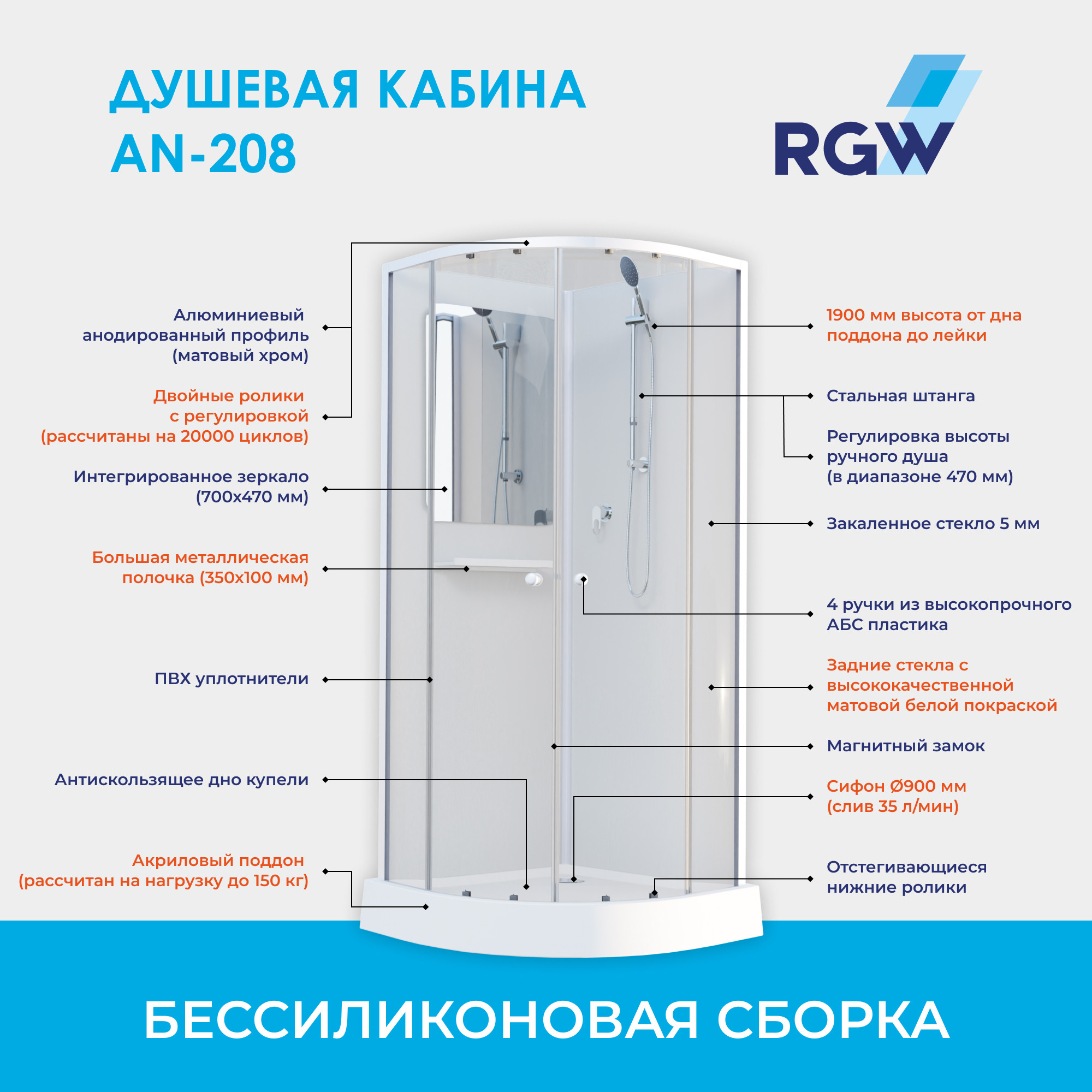 Душевая кабина 100x100x197 RGW AN-208, четверть круга, профиль хром матовыйДушевые кабины 100х100