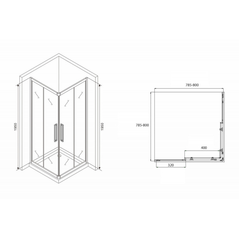 Душевой уголок без поддона черный 80x80x195см Abber Schwarzer Diamant AG02080BH